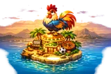 Golden rooster mascot exploding in neon light particles against dark background for Rooster Bet casino brand card