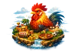 Golden rooster mid-burst radiating neon light particles, cyberpunk glow style, deep dark background with vivid orange-red acc