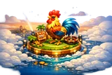 Golden rooster mascot floating mid-air with neon glow particles, cyberpunk dark background, vivid amber and red rim lighting